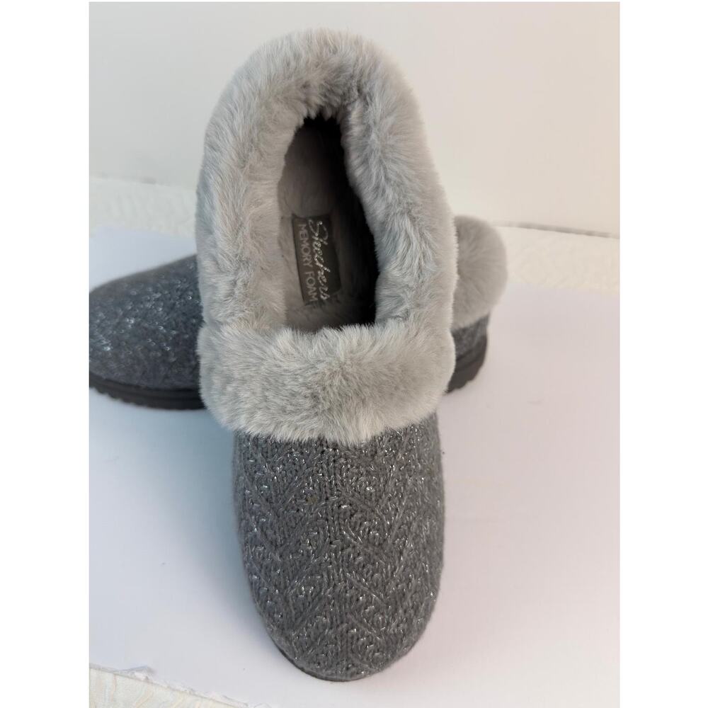 Skechers Memory Foam Gray Faux Fur Slippers Women’s Cozy House Shoes - Picture 6 of 7
